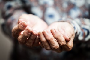 Beggar people and human poverty concept - senior person hands be
